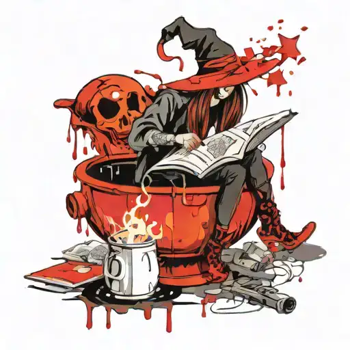 Witch Reading Recipe Book Over Couldron