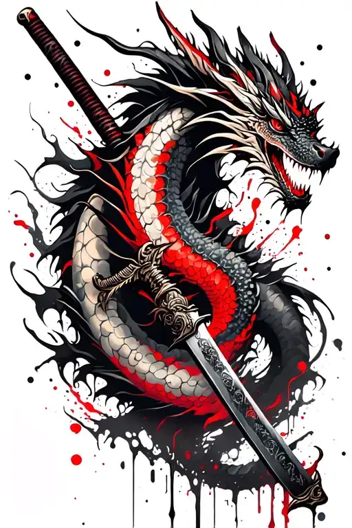 Tattoo On The Entire Forearm Of A Dragon With A Katana And A Japanese