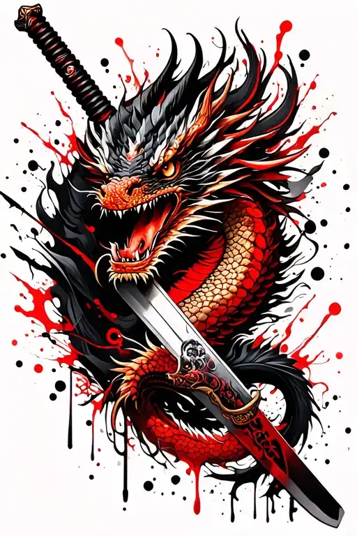 Tattoo On The Entire Forearm Of A Dragon With A Katana And A Japanese