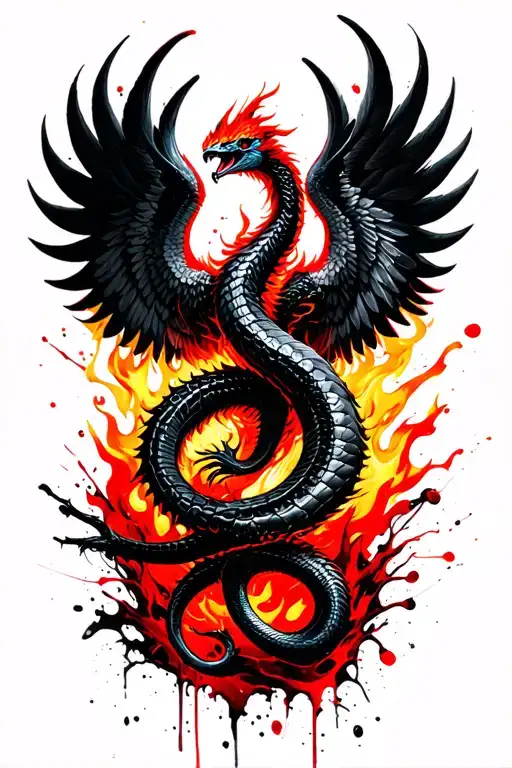 Cobra With Phoenix Wings Rising From Flames