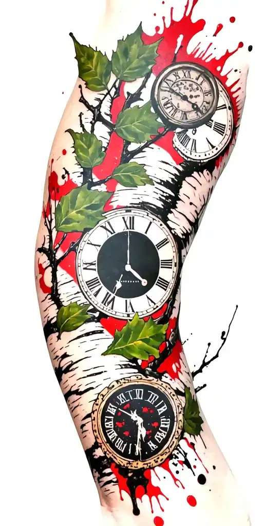 Birch Branches With Hunter Green Leaves With Only Three Clocks Integrated Into It For An Arm Sleeve