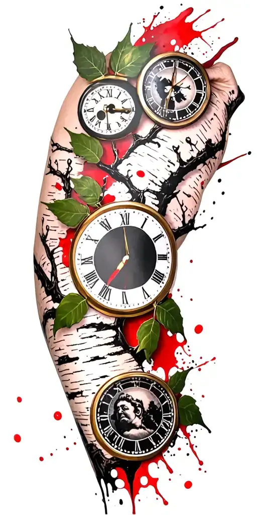 Birch Branches With Hunter Green Leaves With Only Three Clocks Integrated Into It For An Arm Sleeve