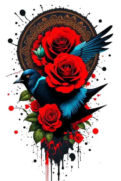 Roses And Bird With Mandala Design Incorporating