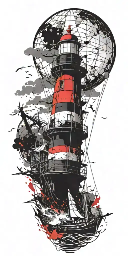 Light House Hot Air Balloon And Shipwreck Scene