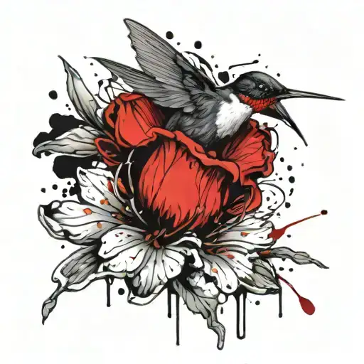 Realistic Black And White Hummingbird Tattoo Drinking From A Colored Dying Flower