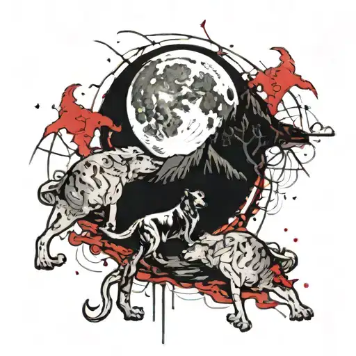 A Traditional Style Moon Tattoo With Your 3 Dogs Howling At It From A Computerized Landscape