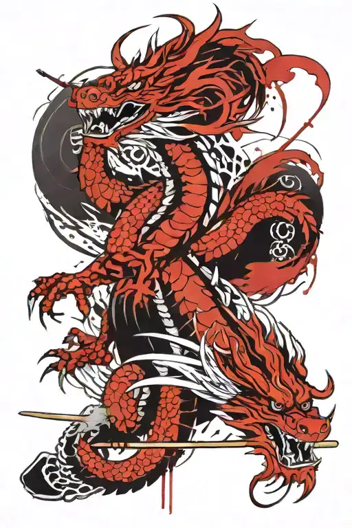 Red Japanese Dragon Around A Black Beaten Up Katana