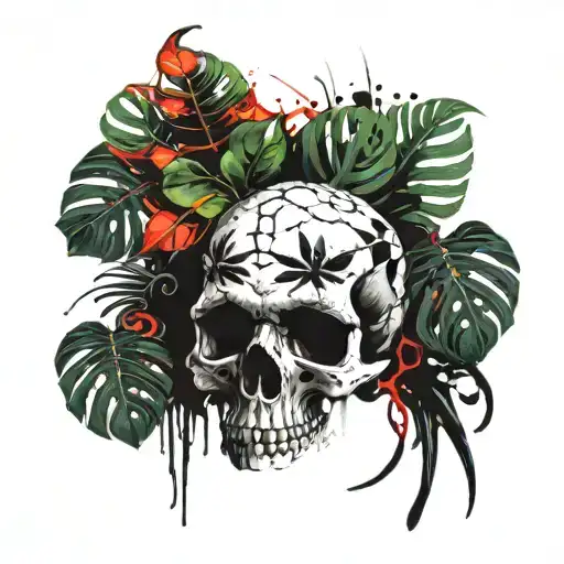 Skull With Monstera Leaves Intertwined