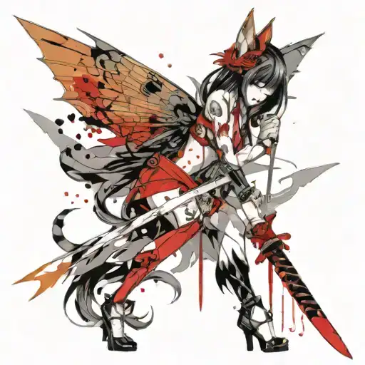 Winged Demonic Sexy Antro Kitsune Girl Holding Katana Sword