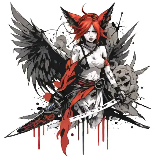 Winged Demonic Sexy Antro Furry Kitsune Girl Holding Katana Sword