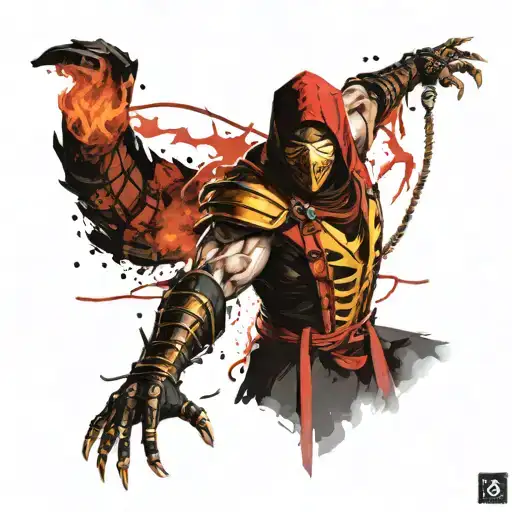 Mortal Kombat Scorpion In Fighting Stance With His Spear Out And Burning In Very High Quality