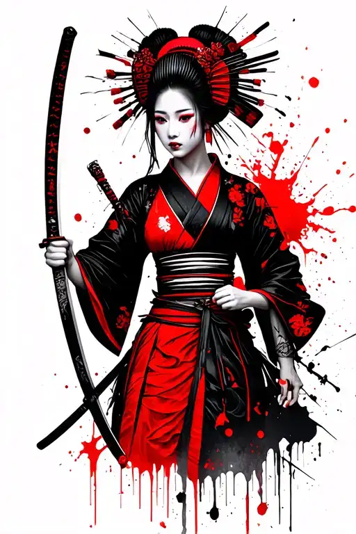 Female Left Half Samurai Right Half Geisha Holding A Katana