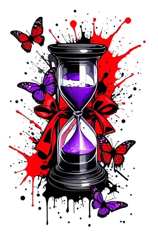 Purple Hourglass With Ribbon And Butterflies Infront Of Death