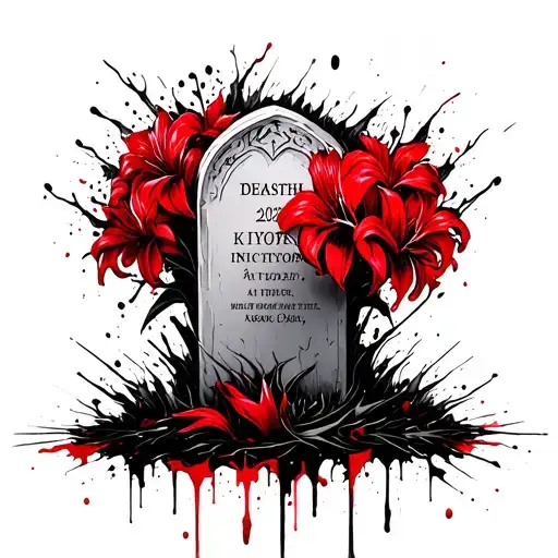 Red Lycoris Around A Tombstone With The Date Of Death