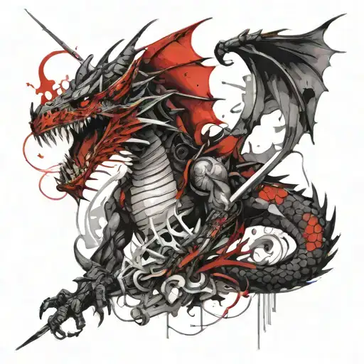 A Dragon With A Sword Passing Through It On His Shoulder