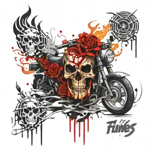 Flames Roses Skull And Motobike