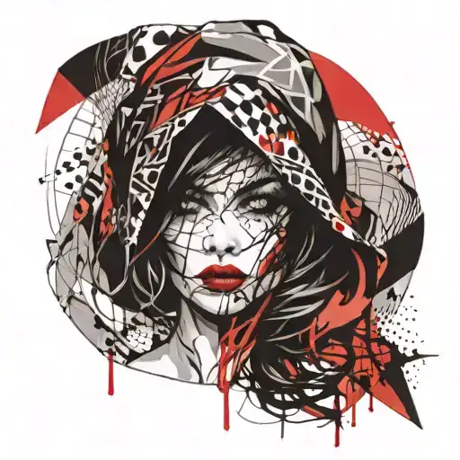 Black Line Work Women In Veil Hiding Facial Features