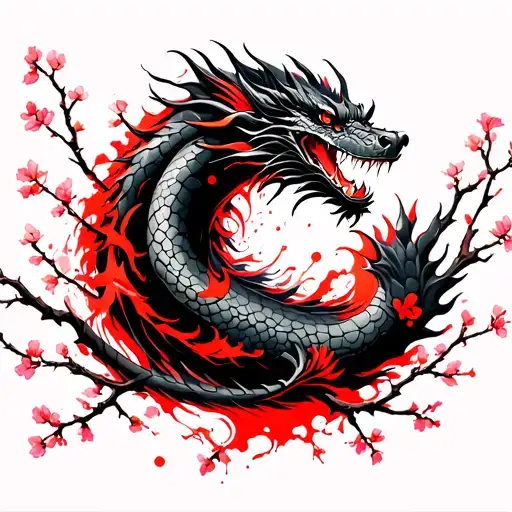 A Long Thin Tattoo Of A Thin Small Japanese Dragon Circling Around And Behind The Sakura Branches