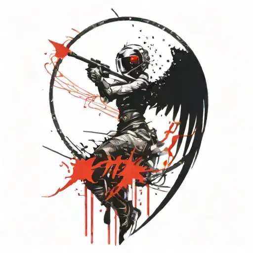 Cyberpunk Angel Holding Spear With Wings Of Light And Hexagonal Patterns Behind