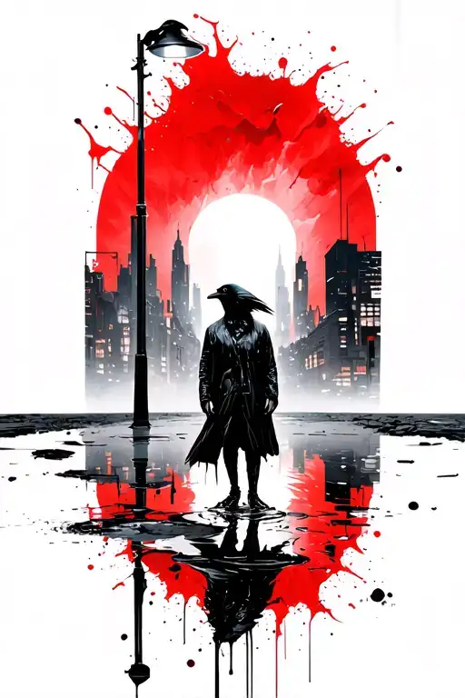 Noir Standing In A Puddle Under A Streetlight With Cityscape And Raven