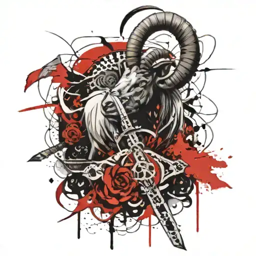 An Abstract Composition Featuring A Sword And Goat's Horn In A Sketch Style