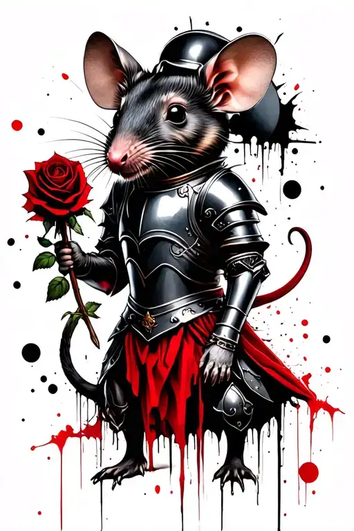 Impaled Rat In Knight Armour Without Helmet Holding A Black Rose