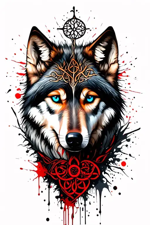 Wolf With Blue Eyes Featuring Celtic Tree Of Life Intertwined