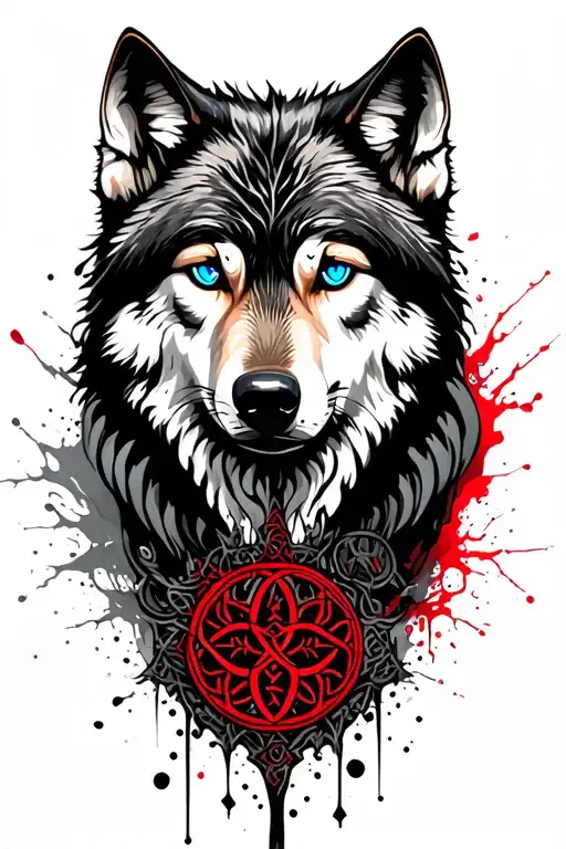Wolf With Blue Eyes Featuring Celtic Tree Of Life Intertwined