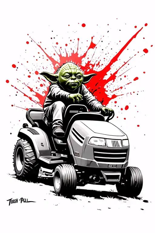 Yoda On A Ride On Lawn Mower Surounded By Death Trying