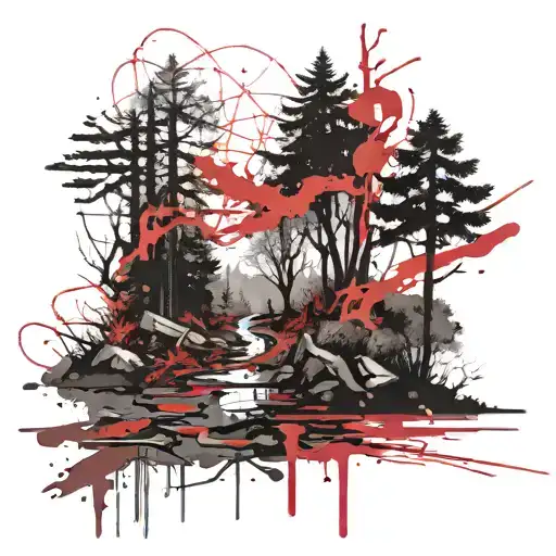 Dark Mystical Forest With A Road And On The End Of The Road A Cross