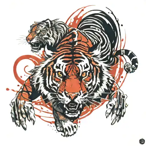 Biomechanical Polynesian Tiger Tattoo On Calf Muscle Colored