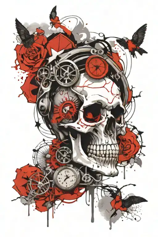 Skull With Halo Surrounded By Ticking Clocks And Smoke
