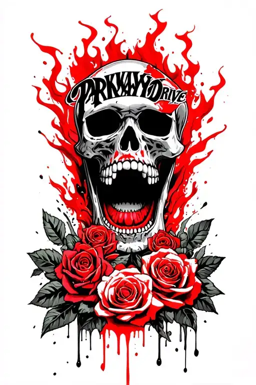 Parkway Drive Logo In The Open Mouth Of A Skull Surrounded By Roses And Flames