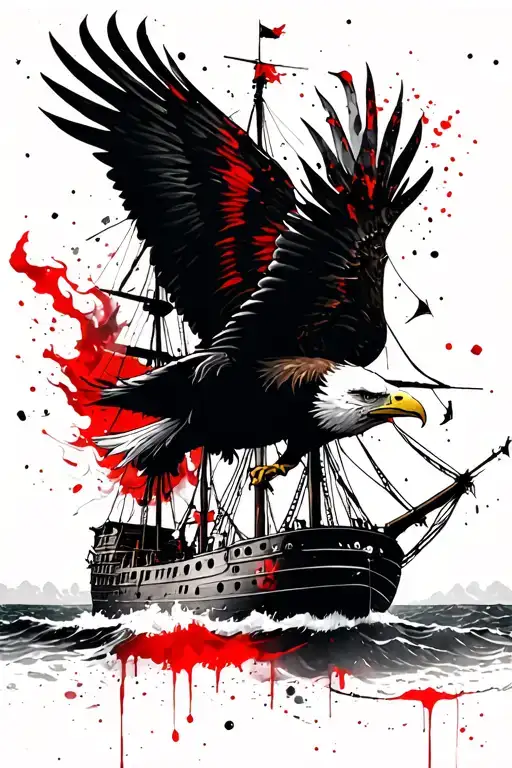 Flying Eagle Over An Old Pirate Ship On Fire