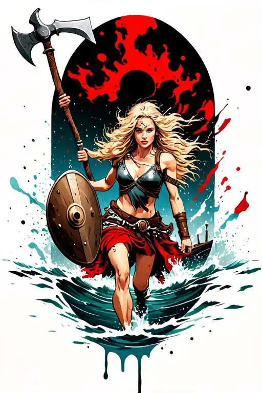 Blonde Viking Woman Running Out Of Ocean With Short Axe And Shield And Small Boat In Background