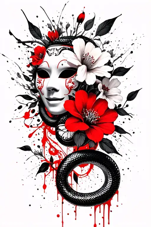 Japanese Mask Flowers And Snake