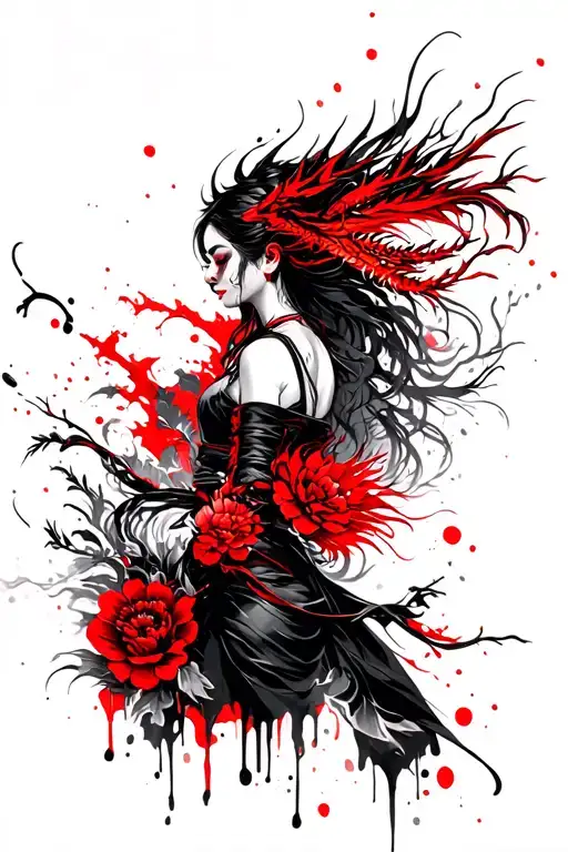 Side View Of Ninja Women With Dragon And Flowers