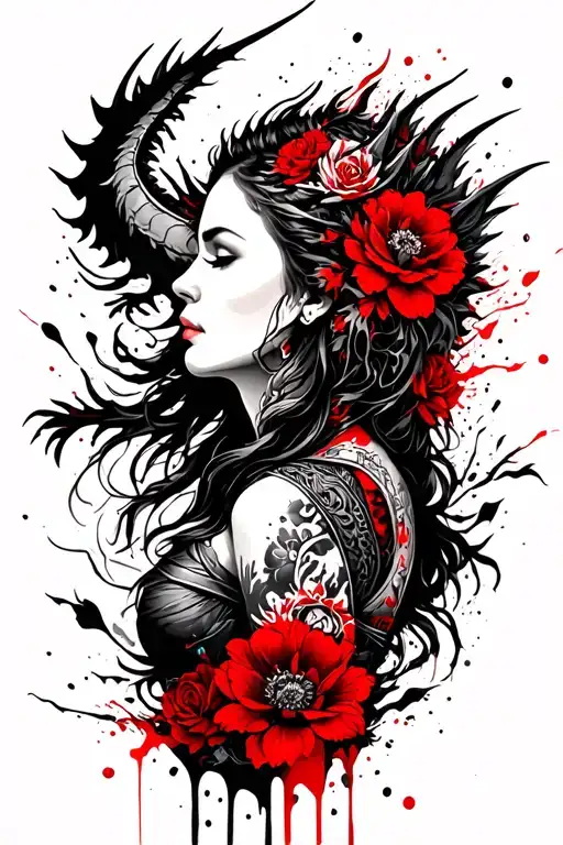 Side View Of Viking Women With Dragon And Flowers