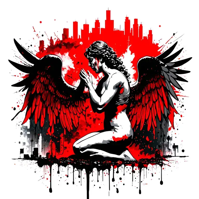 Kneeing Angel In Grief With A Skyline Of A Burning City Behind And Crying Angels With The Clouds