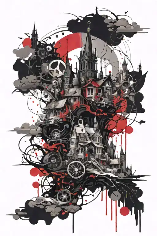 Gothic Landscape Tattoo Design Incorporating Elements Of Technology