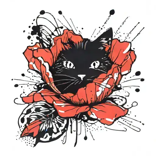 A Minimalist Design Of A Poppy Flower With A Hidden Silhouette Of A Cat Within The Petals