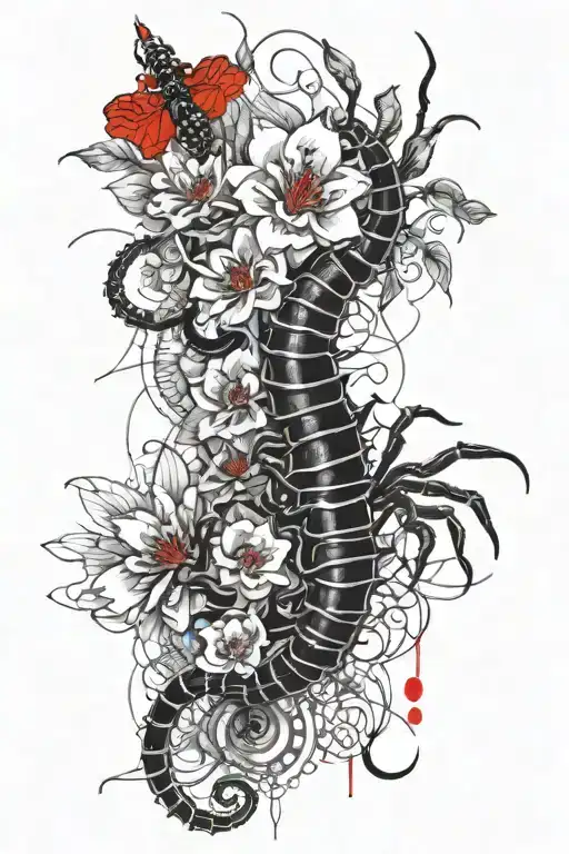 A Black And White Centipede Wrapped Around A Red Higanbana Flower