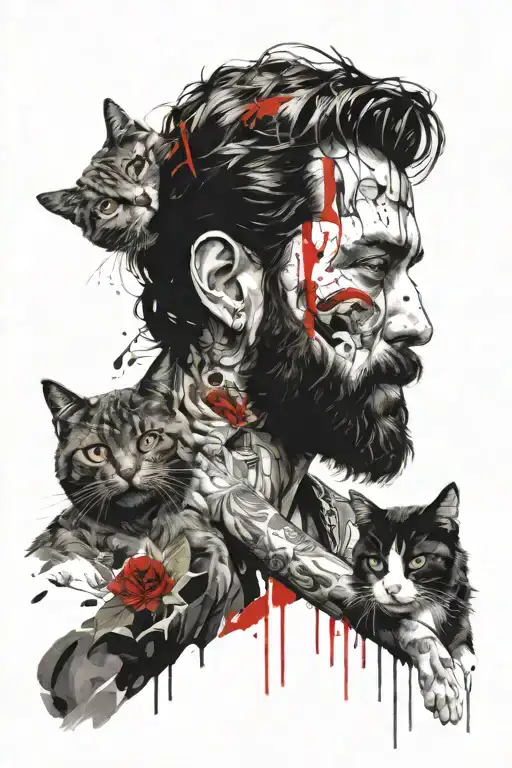 Man With Black Hair And Beard Hugs A Cat