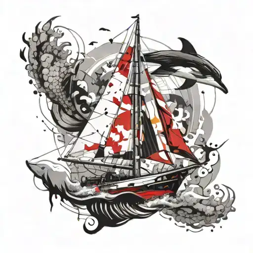 Sailing Yacht With Waves Whales Dolphins Lighthouse Turtles Sharks