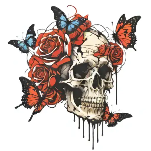 Large Rose With Butterflies And Skulls