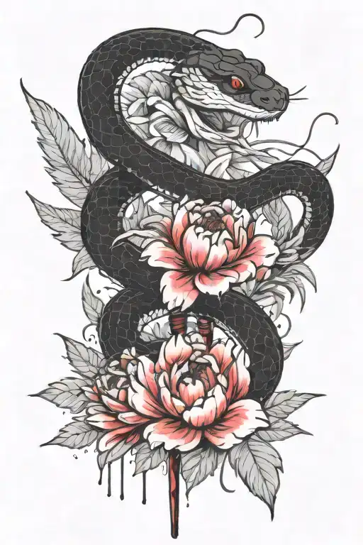 Black And White Snake Intertwines A Split Japanese Sword Among Peonies With Leaves