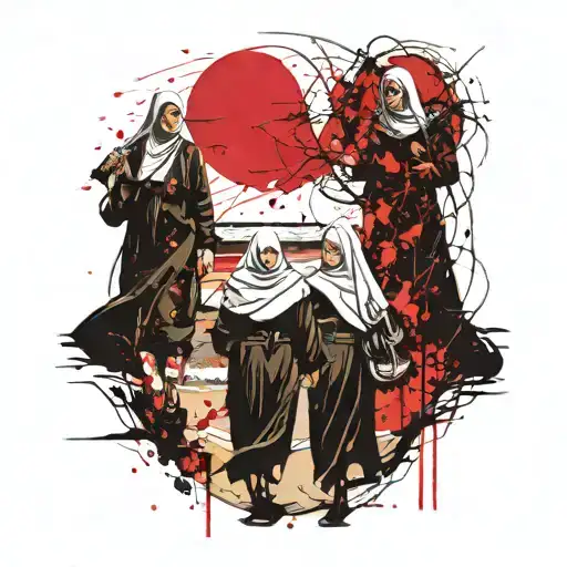 Nuns Walking Along The Beach As The Sun Sets