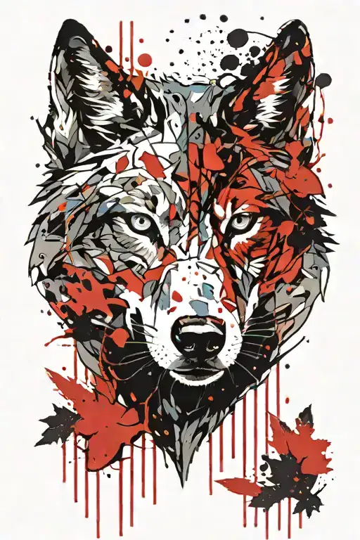 Blue Eyes Wolf Head In The Forrest Small Red Accents