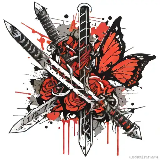 A Sword With A Heart In The Blade And A Butterly Combined In Cybertattoo Style