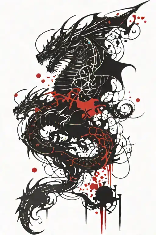 Abstract Black Ink Dragon With Crescent Moon Full Back With Red And Black Ink Splashes